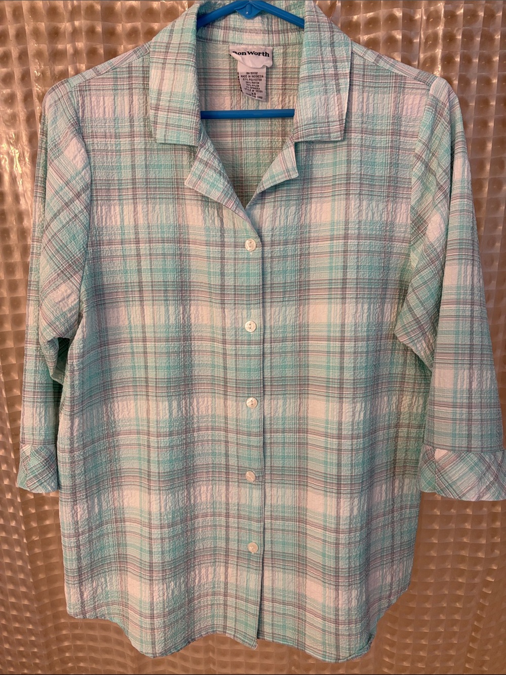 BonWorth Aqua and White Plaid Button-Front Shirt